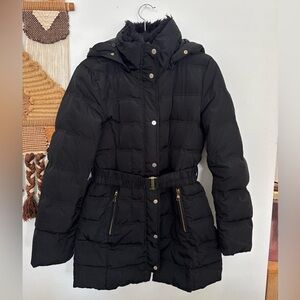 H&M Down Feather Black Winter Puffer Coat with Gold Belt and buttons